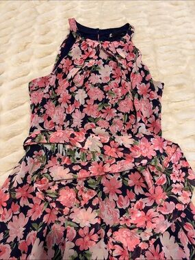 Leslie Fay Navy Dress with Pink Floral Print